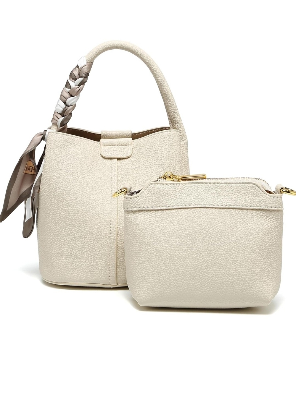 Cream Textured Leather Tote with Removable Pouch